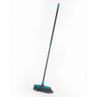 Blue and black angled broom with long handle, suitable for indoor sweeping.