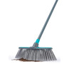 Blue and grey broom sweeping soil on white background