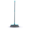 Blue and grey indoor broom with long handle, shown upright on white background