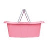 Pink plastic shopping basket with grey handles, displayed upright.