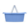Blue plastic shopping basket with dual grey handles, shown from side view