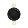Cream non-stick saucepan, top view, with double handles and Russell Hobbs logo on base