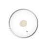 Glass pan lid with central cream knob, shown from above