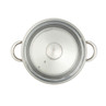 Silver stainless steel stock pot with glass lid, viewed from above