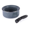Set of two black speckled saucepans stacked, with a detachable handle shown separately