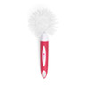 Pink and white round cleaning brush with handle, shown upright on white background