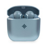 Blue wireless earbuds in open charging case, front view