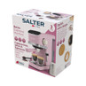 Pink Salter retro espresso machine packaging showing product and key features.