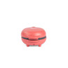 Compact red waffle maker with closed lid, front view