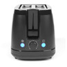 Black two-slice toaster with illuminated buttons and browning control dial, front view.