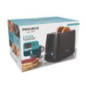 Progress black 2-slice toaster box, showing appliance and features for UK market