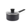 Grey non-stick saucepan with glass lid and black handle, product image.