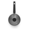 Grey non-stick saucepan with black handle, top view