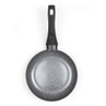 Grey non-stick frying pan with speckled interior and black handle, top view