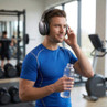 Man in blue sports top wearing headphones and holding water bottle in gym