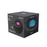 Black Bluetooth sphere speaker with LED lights, shown in retail box, 10W output.
