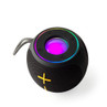 Black portable Bluetooth speaker with yellow volume buttons and LED light ring