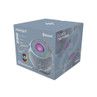 Blue portable Bluetooth speaker with LED lighting in retail box, showing main features.