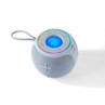 Blue portable Bluetooth speaker with textured fabric, loop handle, and illuminated top buttons