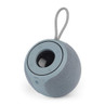 Blue portable Bluetooth speaker with fabric cover and carry loop, side view.