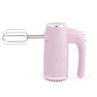 Pink hand mixer with chrome trim and beater attachments, side view