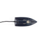 Navy electric steam iron, top view showing soleplate and power cord.