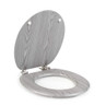 Grey wood effect toilet seat with lid, shown open, chrome hinges