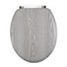 Grey wood effect oval toilet seat with chrome hinges, top-down view