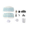 Steam mop accessories set with two white pads, brushes and measuring cup.