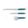 Set of three Beldray cleaning brushes with grey and teal handles, assorted shapes.