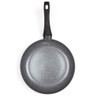 Grey non-stick frying pan with black handle, shown from above