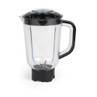 Clear plastic blender bottle with black flip-top lid shown separately