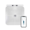 White smart bathroom scale with digital display and app on smartphone, front view