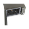 Grey microwave oven with open door, control panel and turntable visible