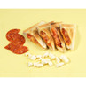 Four toasted pizza sandwiches with pepperoni and cheese on yellow background