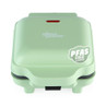 Mint green sandwich toaster, closed front view
