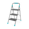 3 step grey steel ladder with turquoise handles and feet, shown open, on white background