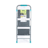 Grey 3 step folding ladder in retail packaging, wide steps, foam handle