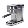 Silver espresso coffee machine with steam wand and black handle, shown at angle