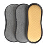Pack of three reusable cleaning pads, two grey microfibre and one yellow sponge.