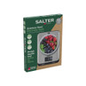 Salter stainless steel electronic kitchen scale in box, shown with bowl of mixed berries.