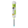 Extendable fluffy duster with blue handle in retail packaging, for dusting hard-to-reach areas.