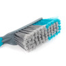 Scrubbing brush with grey handle, firm grey and blue bristles, shown close up.