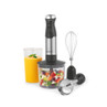 Hand blender set with whisk, chopper bowl, and smoothie, stainless steel and black.
