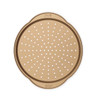 Gold non-stick pizza tray with perforated base, top view