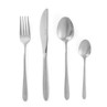 Four-piece silver cutlery set with fork, knife, spoon, and teaspoon, subtle textured handles