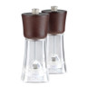 Set of Salter wooden and clear acrylic salt mills, upright and lying flat.