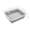 Collapsible grey and white plastic dish drainer with utensil compartments, shown with measurements