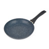 Blue non-stick frying pan with speckled finish and black handle, top view