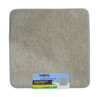 Square grey memory foam shower mat, textured surface, packaging label visible at bottom.